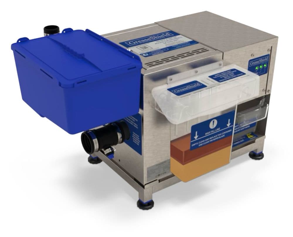 Greaseshield GS1000AST compact automatic grease recovery unit with blue solids bin and clear grease collection tray