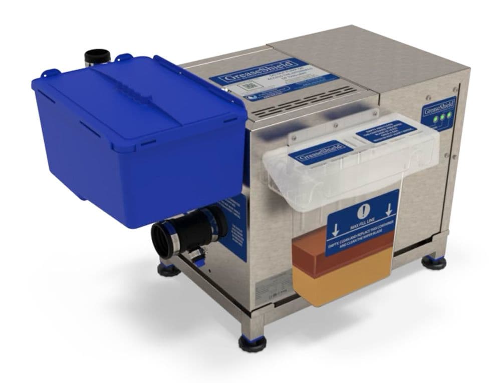 Greaseshield GS1000PF automatic grease recovery unit with blue pre-filter bin and clear grease collection tray