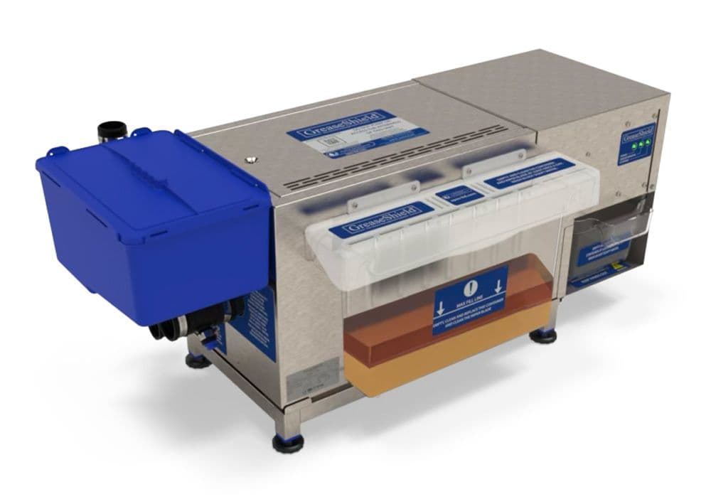 Greaseshield GS1850AST automatic grease recovery unit in stainless steel with blue solids bin and clear grease tray