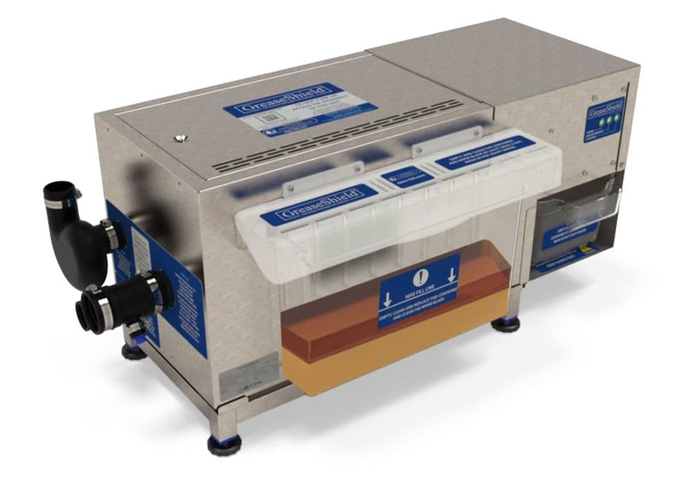 Greaseshield GS1850AST grease recovery unit, rear view showing inlet pipe connections and clear grease collection tray