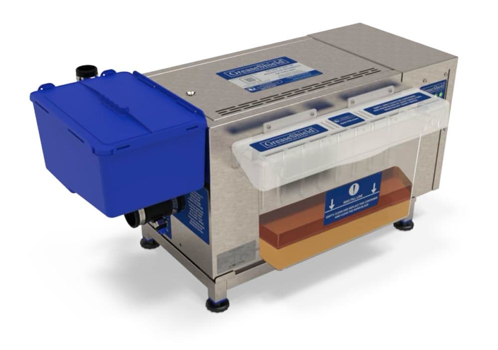 Greaseshield GS1850PF automatic grease recovery unit with blue pre-filter bin and clear grease collection tray