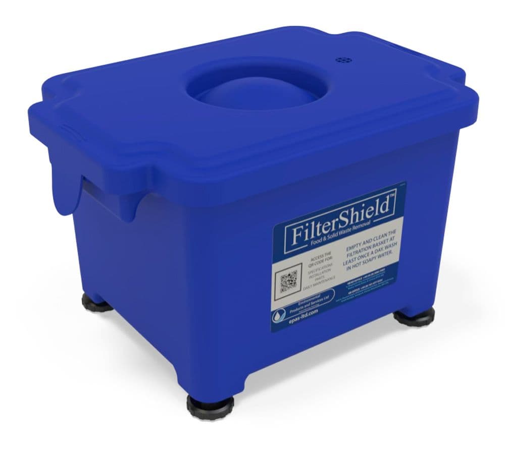 Filtershield FS2000 passive food and solid waste removal unit, blue container with lidded inlet on adjustable feet