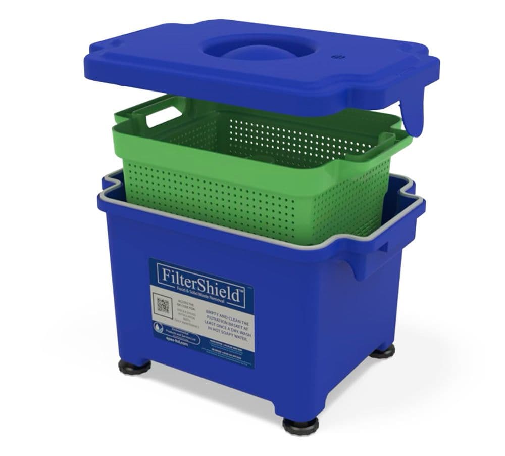 Filtershield FS2000 shown with blue lid, green perforated filtration basket and blue outer collection container